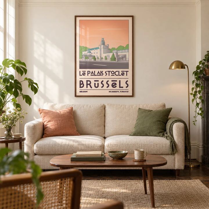 Art Deco Brussels Print, framed on the wall of a characterful living room in a UK interwar flat with cream walls