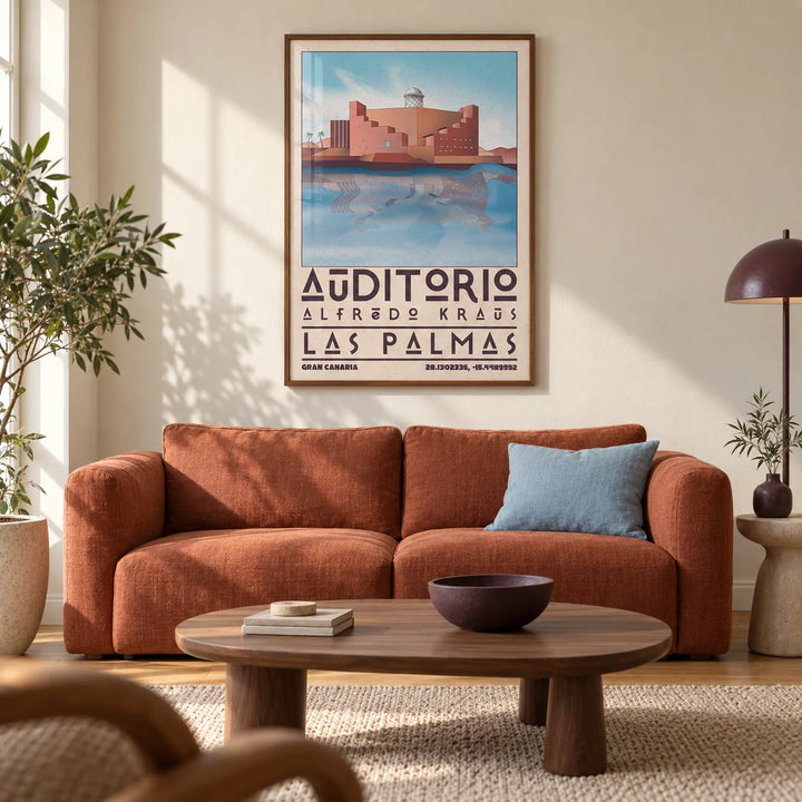 Art Las Palmas, framed on the wall of a warm contemporary living room in a UK city flat with a cream plaster wall and oak floor