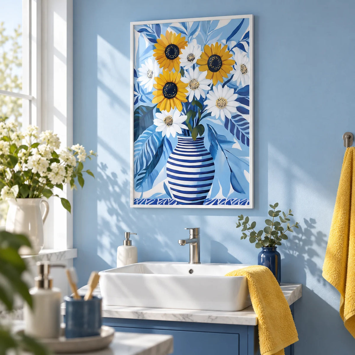 Art of Sunflowers, framed on the wall of a fresh bathroom with plain sky blue walls