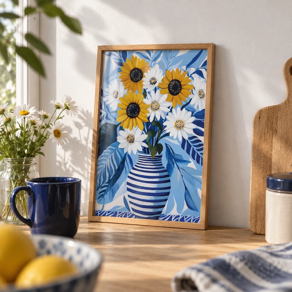 Art of Sunflowers, a small A4 framed print leaning on an oak worktop in a kitchen