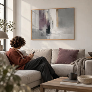 Grey Violet Art, framed on the wall of a calm city-flat living room with a soft white wall