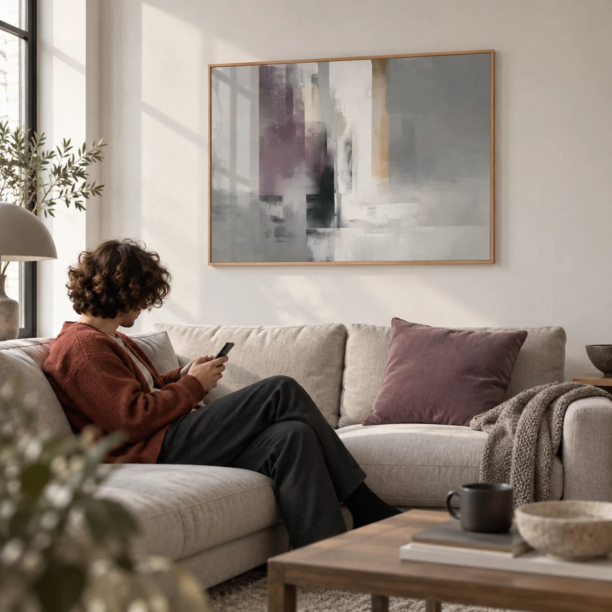 Grey Violet Art, framed on the wall of a calm city-flat living room with a soft white wall
