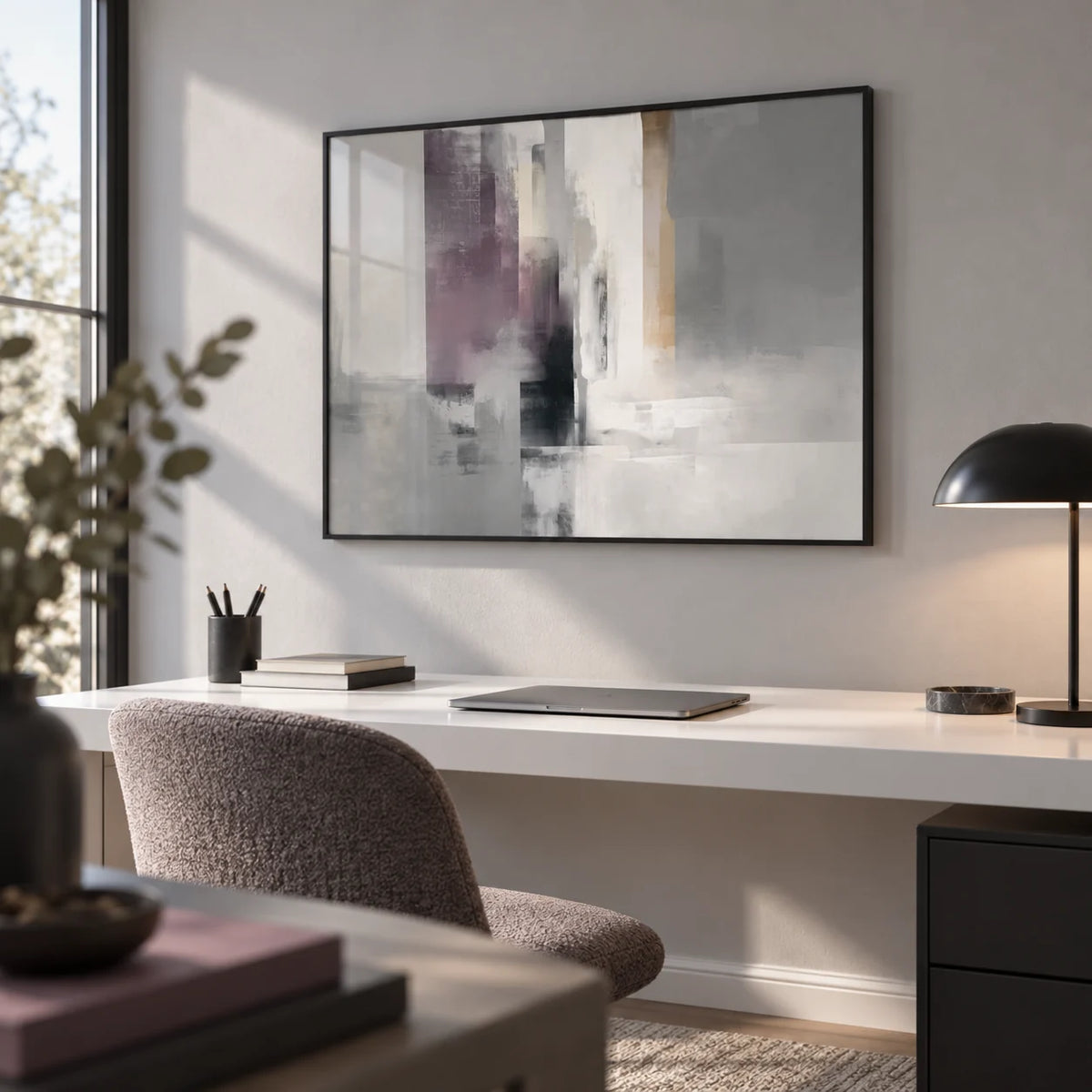 Grey Violet Art, framed on the wall of a modern home office with a light grey wall