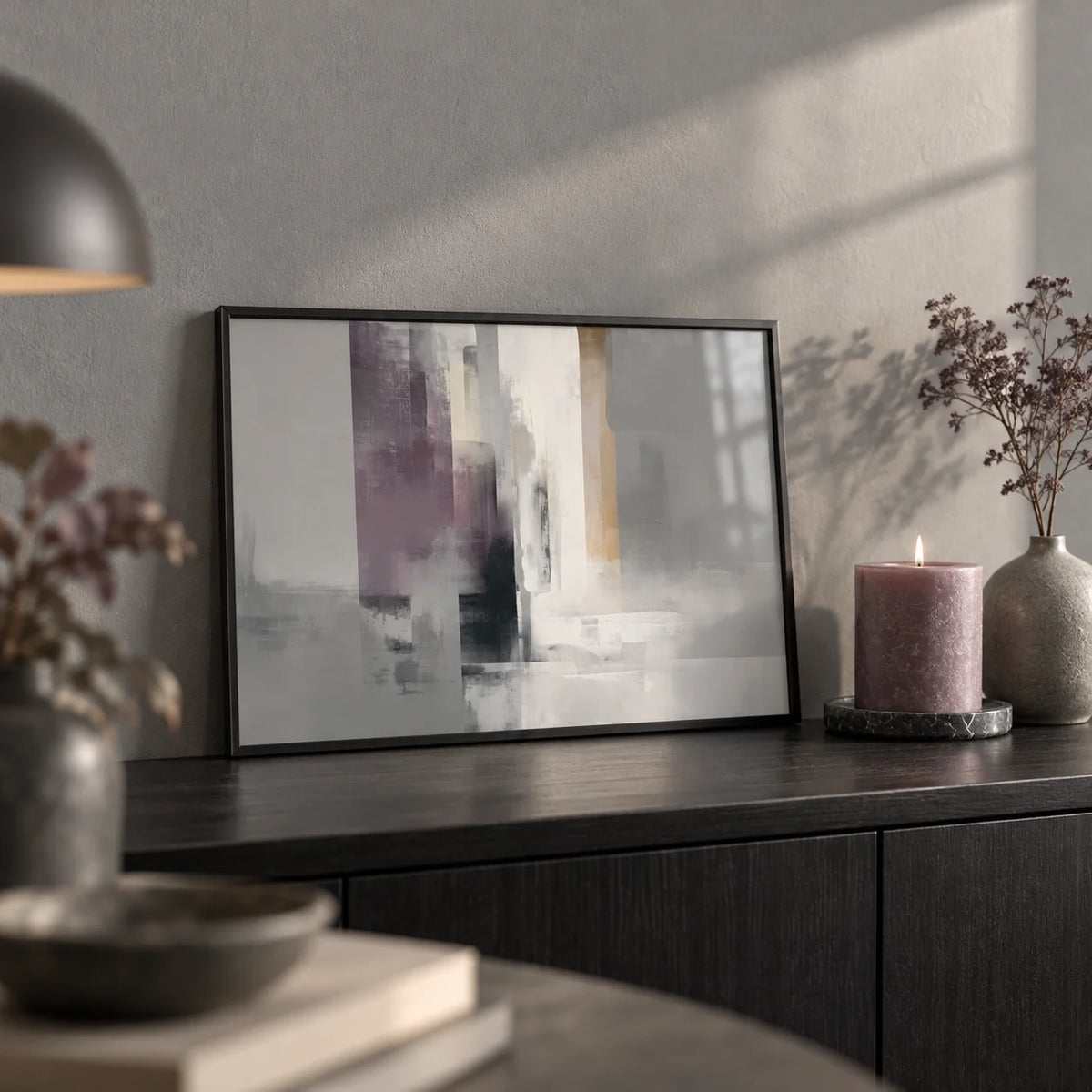 Grey Violet Art, a small A4 framed print leaning on a black sideboard in a living room