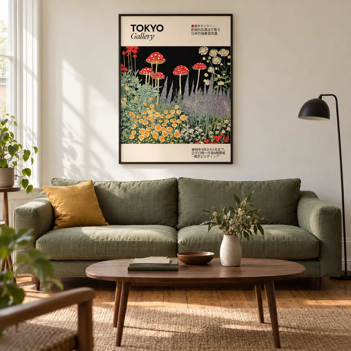Art Prints Japanese, framed on the wall of a modern living room in a Victorian terrace with a warm white wall