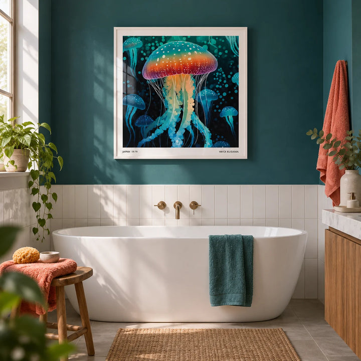 Art Unique Wall, framed on the wall of a calm modern bathroom with a deep teal painted wall and white plain tiles