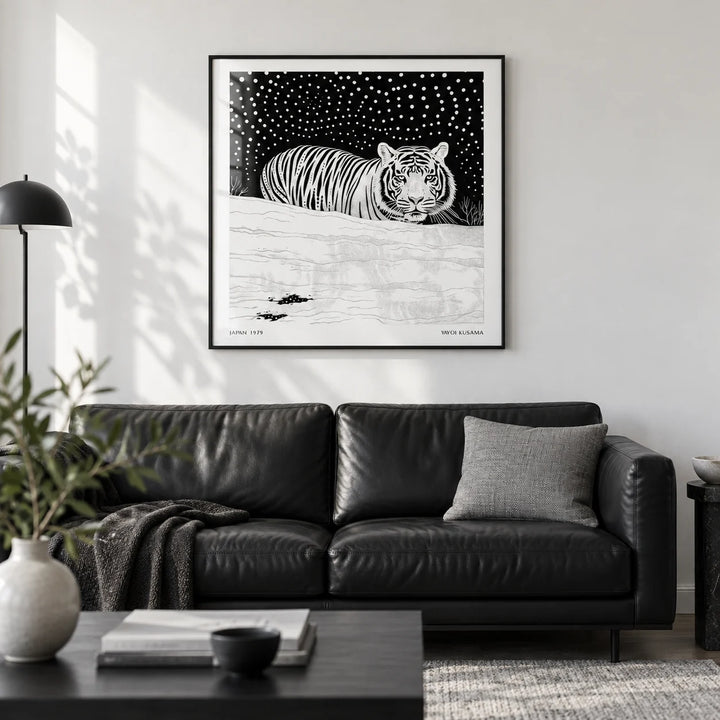 Art White Tiger, framed on the wall of a modern monochrome living room with a crisp white wall