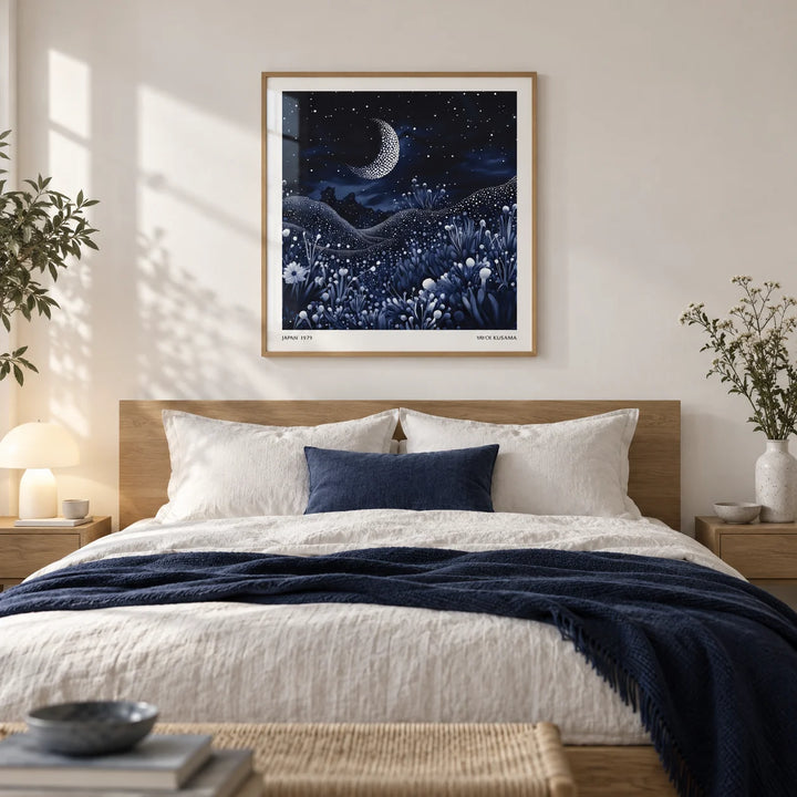 Art with the Moon, framed on the wall of a calm bedroom with a soft white wall