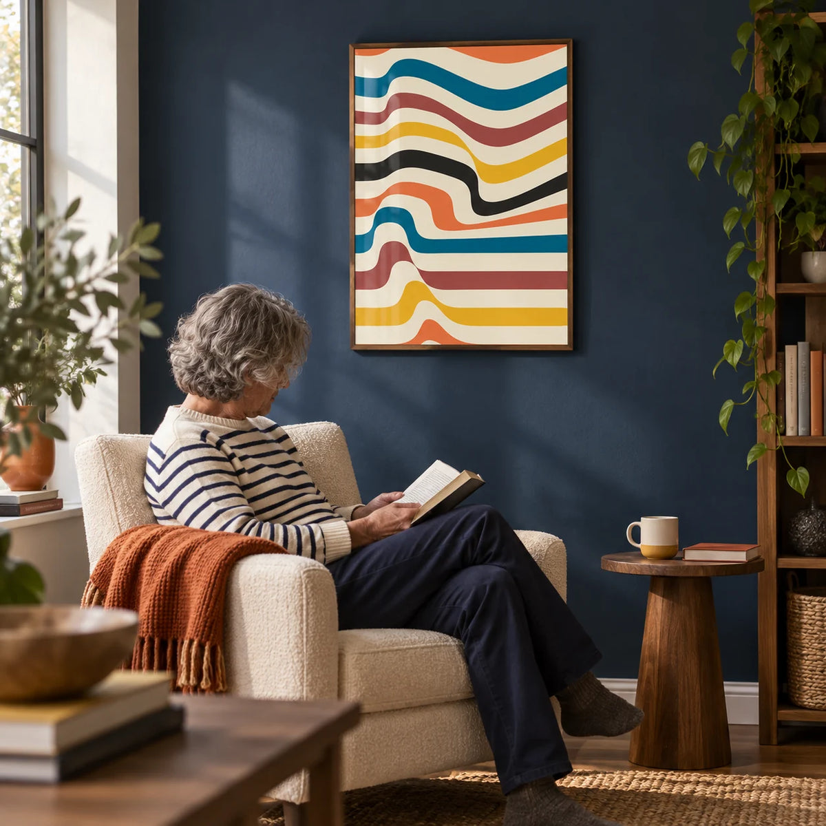 Art Work for Wall, framed on the wall of a reading corner with a navy blue wall in a living room