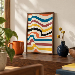 Art Work for Wall, a small A4 framed print leaning on a walnut shelf in a living room