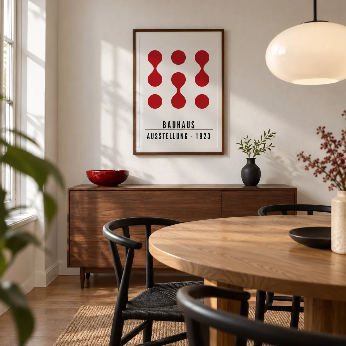 Artwork for Office Walls, framed on the wall of a compact modern dining room in a UK terraced home with a white wall and a round oak dining table