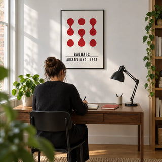 Artwork for Office Walls, framed on the wall of a design-led home office in a UK city flat with a crisp white wall and oak flooring