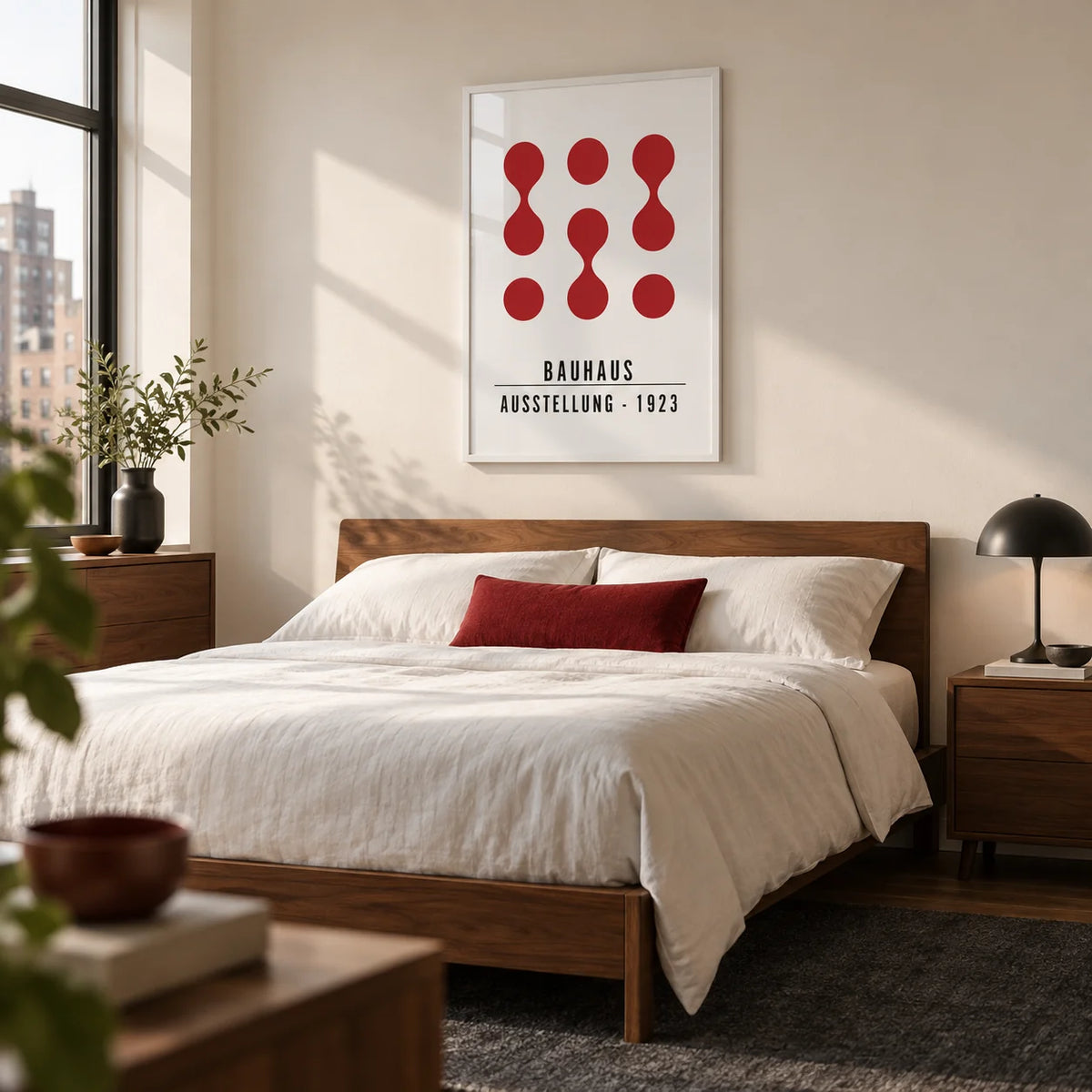 Artwork for Office Walls, framed on the wall of a modern bedroom in a UK city apartment with a warm white wall and walnut furniture
