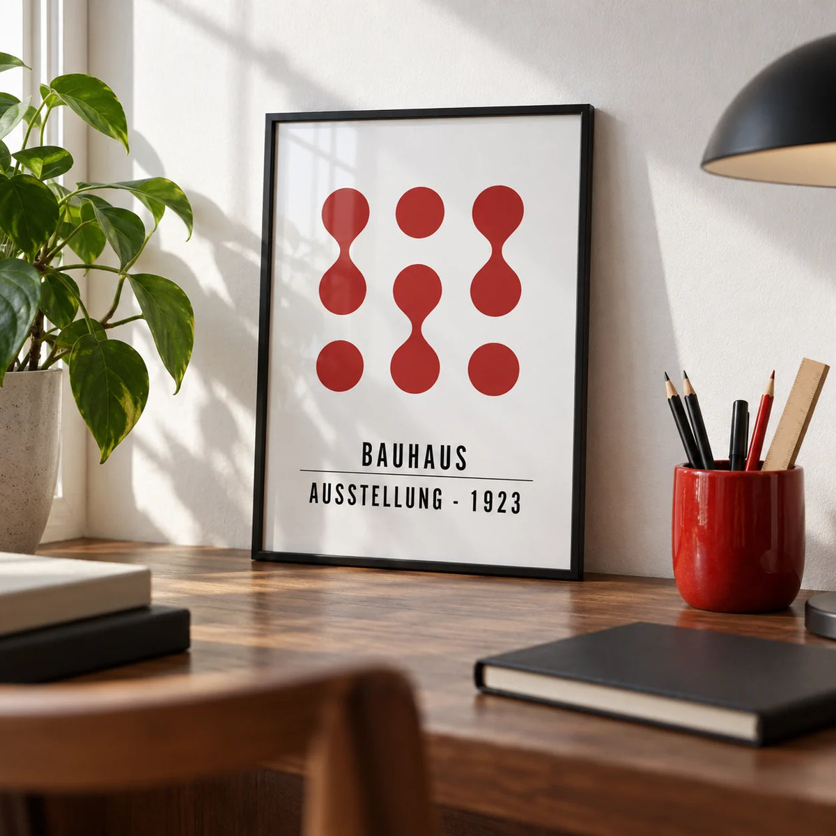 Artwork for Office Walls, a small A4 framed print leaning on a walnut desk