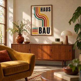 Artwork for the Office, framed on the wall of a design-led 70s-inspired living room