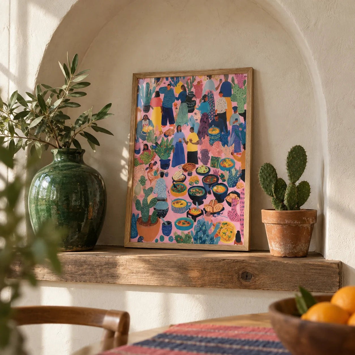 Artwork from Mexico, a small A4 framed print leaning on a shelf in a living room