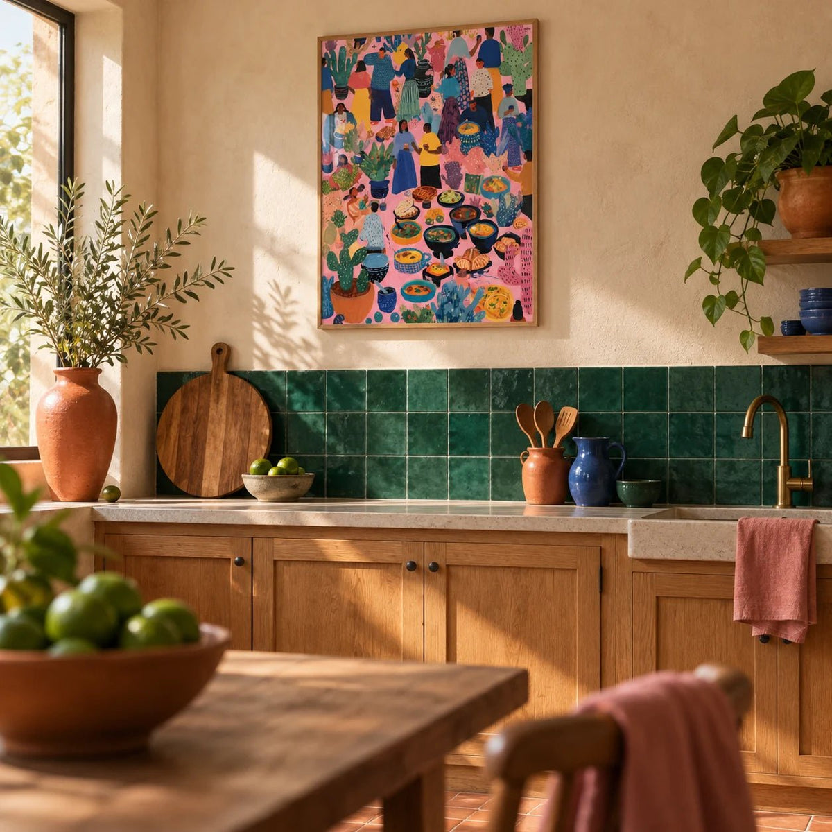 Artwork from Mexico, framed on the wall of a warm Mexican-modern kitchen