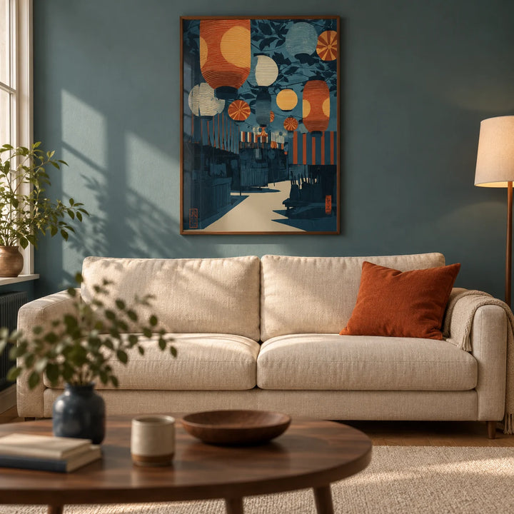 Asian Festival Art Print, framed on the wall of a warm modern living room in a UK city flat with a muted teal painted wall and oak floor