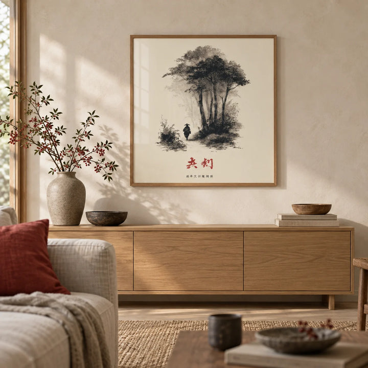Asian Ink Art, framed on the wall of a calm Japandi living room with a beige limewashed wall