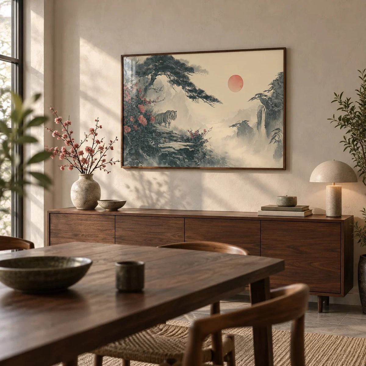 Asian Landscape Print, framed on the wall of a calm dining room