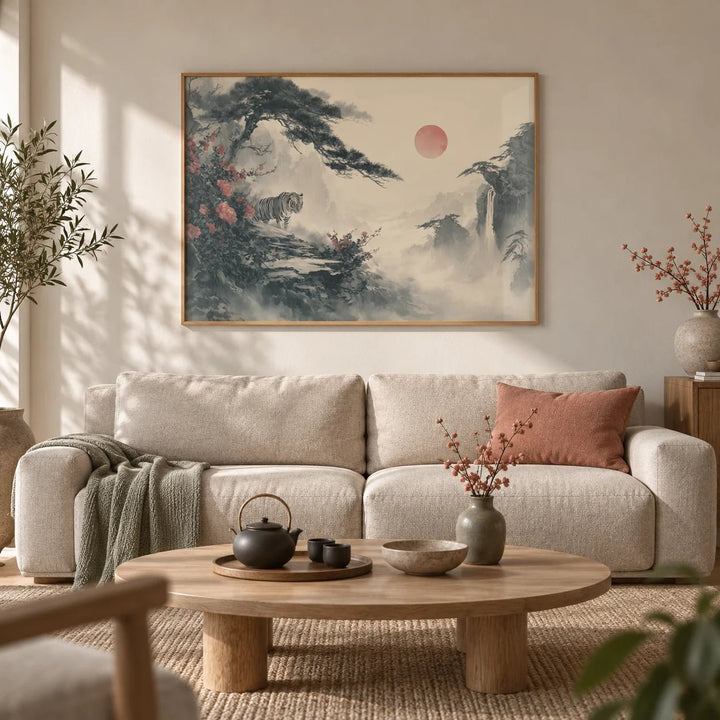 Asian Landscape Print, framed on the wall of a calm Japandi living room