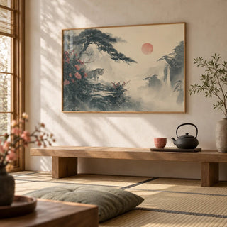 Asian Landscape Print, framed on the wall of a minimal tea room with pale plaster walls and a tatami-style floor