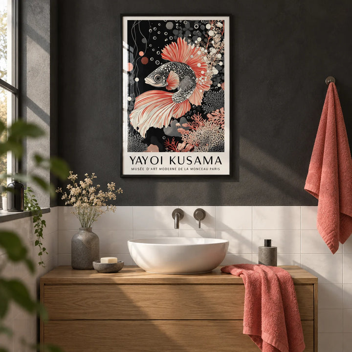 Asian Wall Art, framed on the wall of a modern bathroom with a deep charcoal plaster wall and plain white tiles below