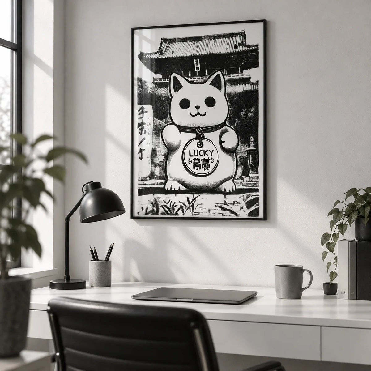 Asian Wall Decor, framed on the wall of a monochrome home office