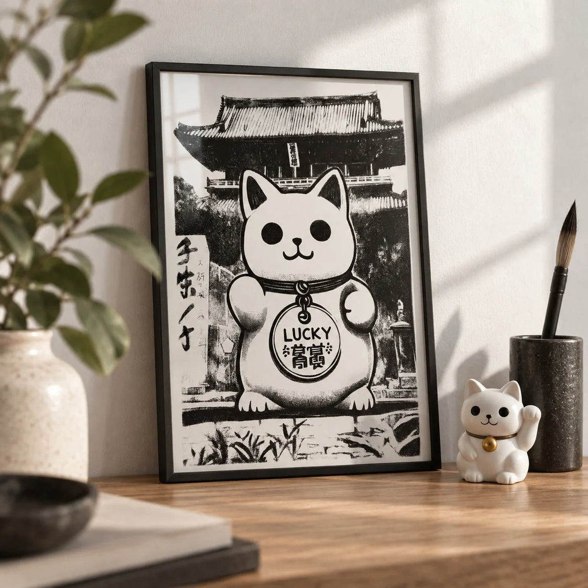 Asian Wall Decor, a small A4 framed print leaning on an oak desk