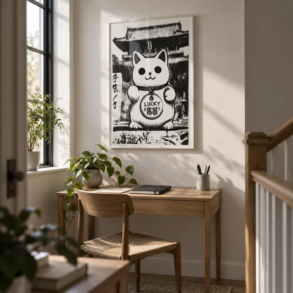 Asian Wall Decor, framed on the wall of a small study nook on a landing