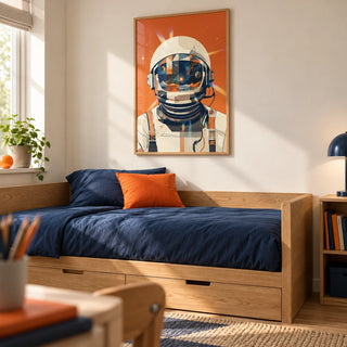 Astronaut Poster, framed on the wall of a bedroom for an 11 year old with a soft cream wall