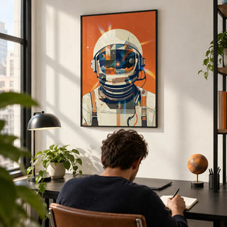 Astronaut Poster, framed on the wall of a city-flat home office with a white wall