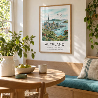 Auckland City Art Print, framed on the wall of a bright dining nook in a UK garden flat with warm white plaster walls and a built-in pale oak bench