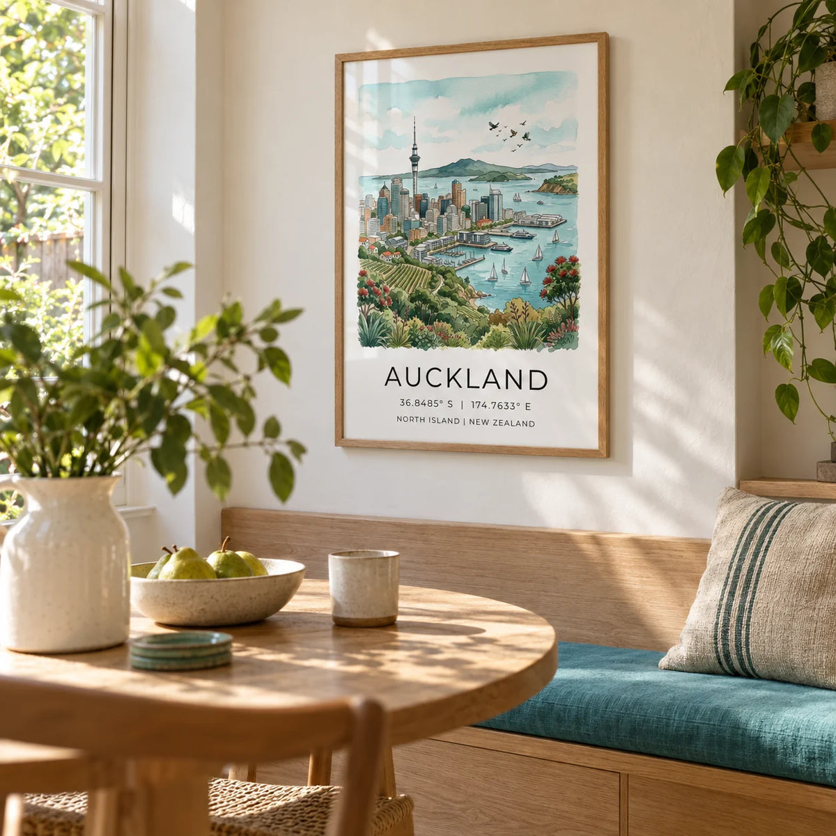 Auckland City Art Print, framed on the wall of a bright dining nook in a UK garden flat with warm white plaster walls and a built-in pale oak bench