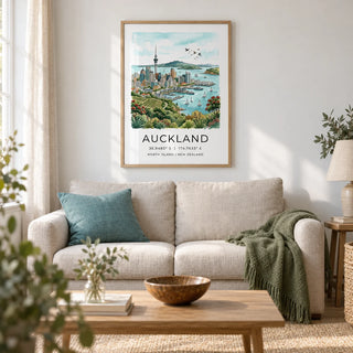Auckland City Art Print, framed on the wall of a calm coastal living room in a UK terraced home with chalk-white walls