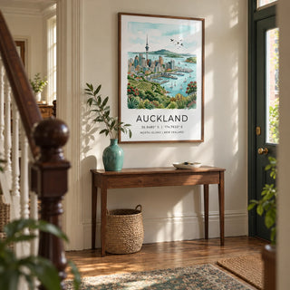 Auckland City Art Print, framed on the wall of a welcoming hallway in a Victorian UK terrace with a soft ivory wall and restored wooden floorboards