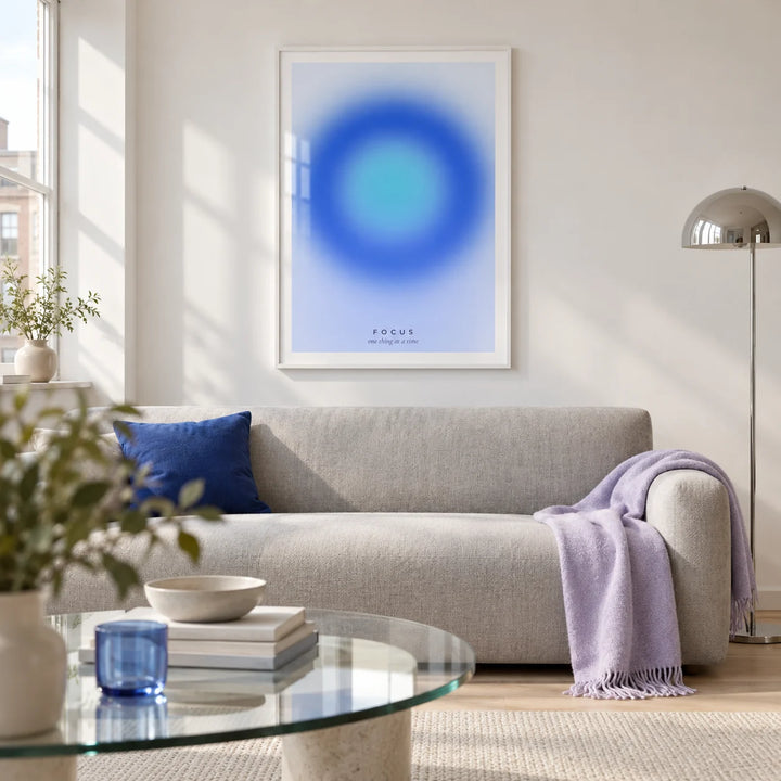 Aura Poster, framed on the wall of a contemporary living room in a UK city flat with a chalk white wall