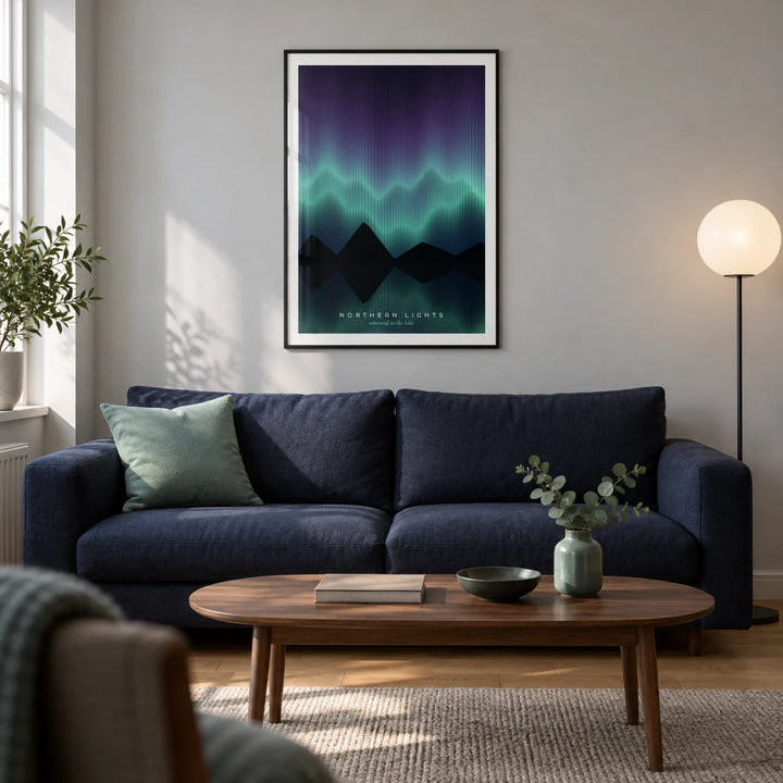 Aurora Borealis Print, framed on the wall of a contemporary living room in a UK city flat with a pale grey wall and an oak floor