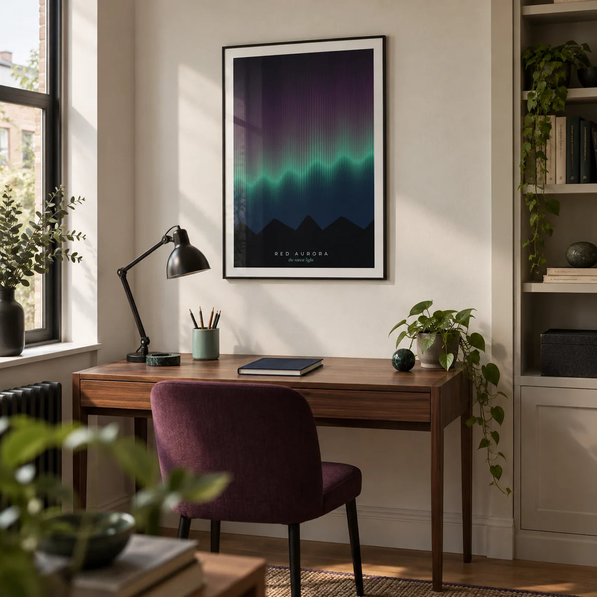 Aurora Print, framed on the wall of a compact home study in a design-conscious UK flat with an off-white wall and a recessed bookcase