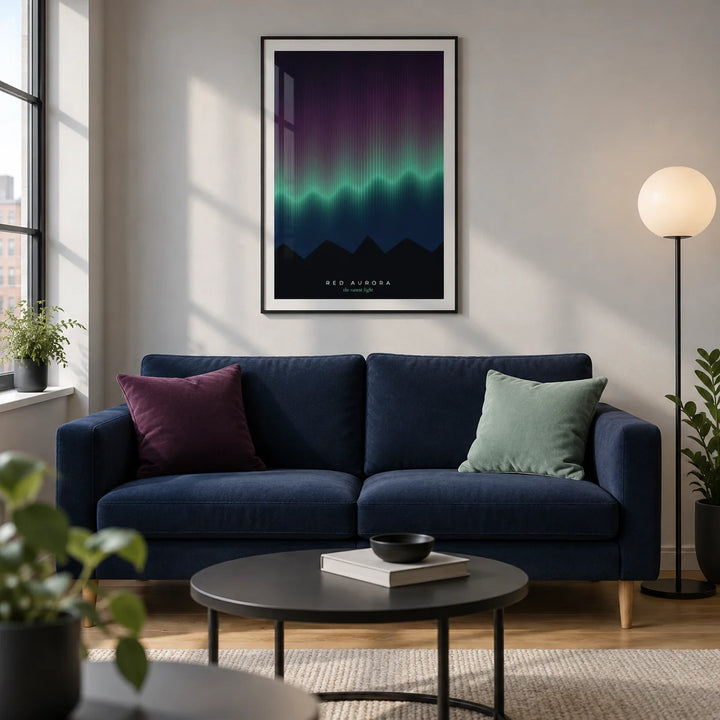 Aurora Print, framed on the wall of a contemporary living room in a UK city flat with a pale grey wall and oak floor