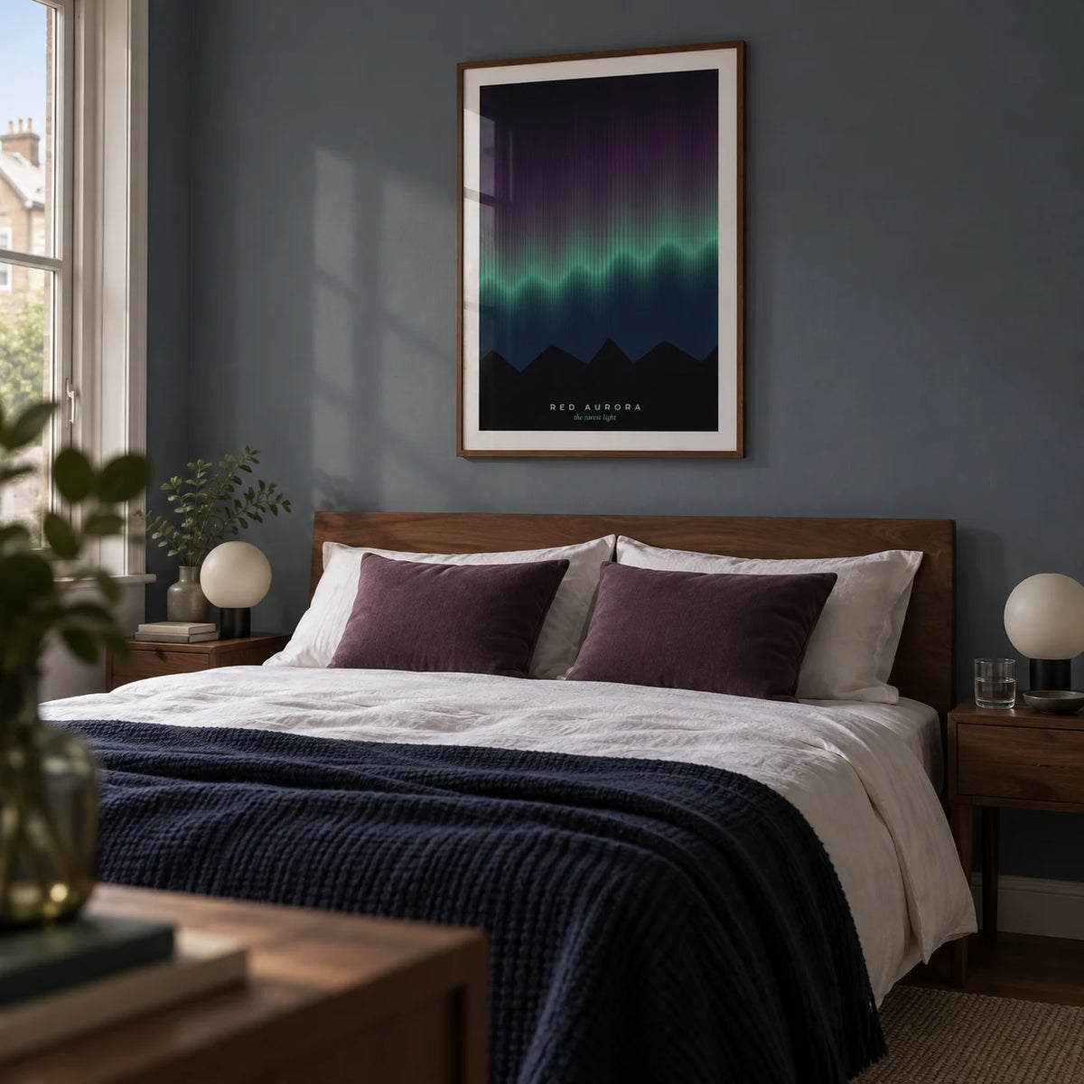 Aurora Print, framed on the wall of a restful adult bedroom in a modern UK terraced house with a muted blue-grey wall