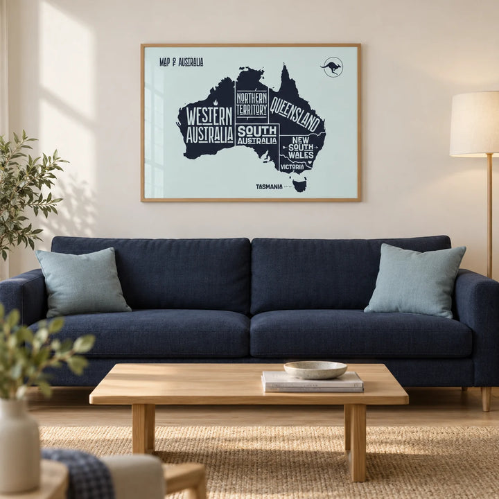Australia Map Print, framed on the wall of a modern living room in a UK flat with a warm white wall and pale oak flooring