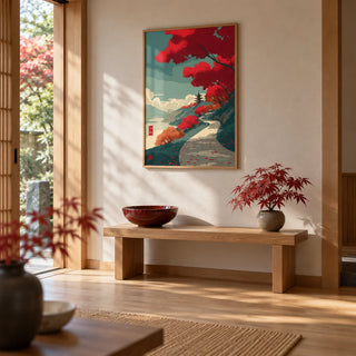 Autumn Forest Wall Art, framed on the wall of a Japanese-style entrance hall with a pale oak floor