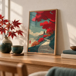 Autumn Forest Wall Art, a small A4 framed print leaning on an oak shelf in a living room