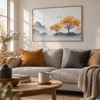 Autumn Tree Wall Art, framed on the wall of a calm Scandinavian living room