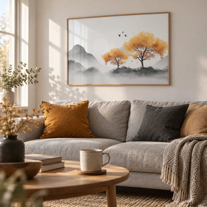 Autumn Tree Wall Art, framed on the wall of a calm Scandinavian living room