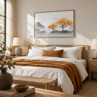 Autumn Tree Wall Art, framed on the wall of a serene bedroom