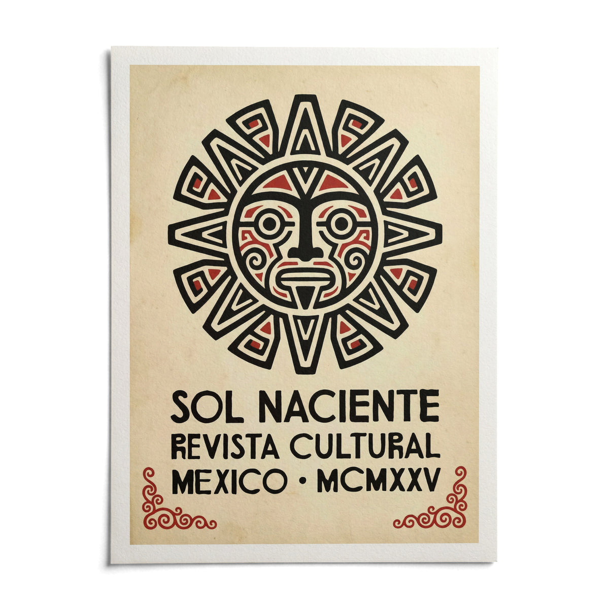 Aztec Sun Illustration Art Print, shown as an unframed paper print on a plain white background