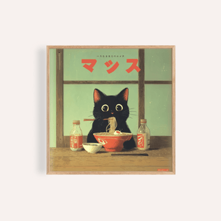 Ramen Cat Art of a black cat eating noodles with bottles on a wooden table and green background