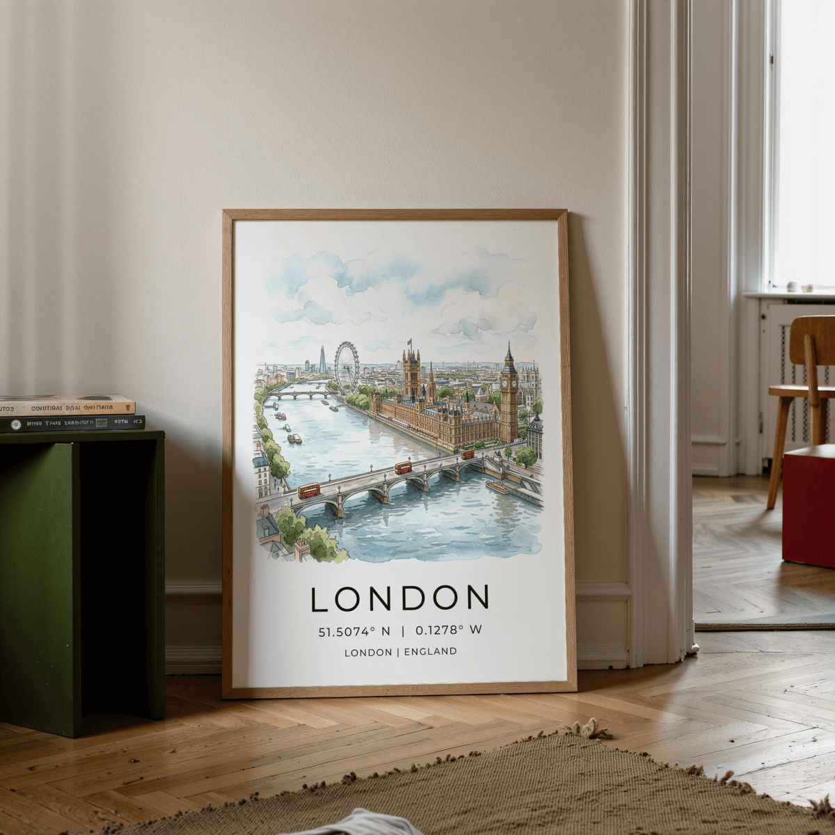 Print leaning on a wooden floor featuring London cityscape with Big Ben and river Thames in watercolour style beside a green shelf